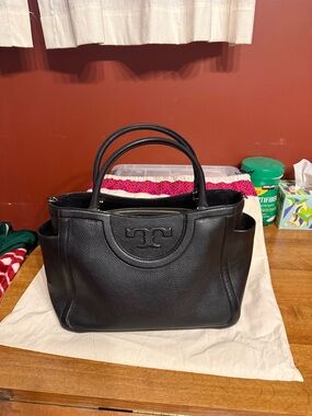 Tory Burch Black Pebbled Leather Double-Handle Tote with a strap